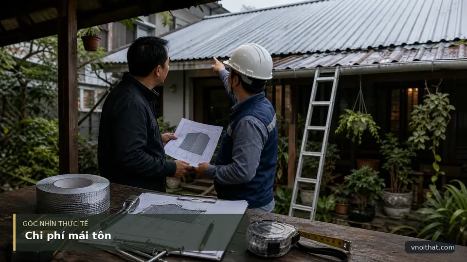 Kỹ thuật viên khảo sát mái tôn và đối chiếu bản vẽ tại nhà vườn ở Hà Nội